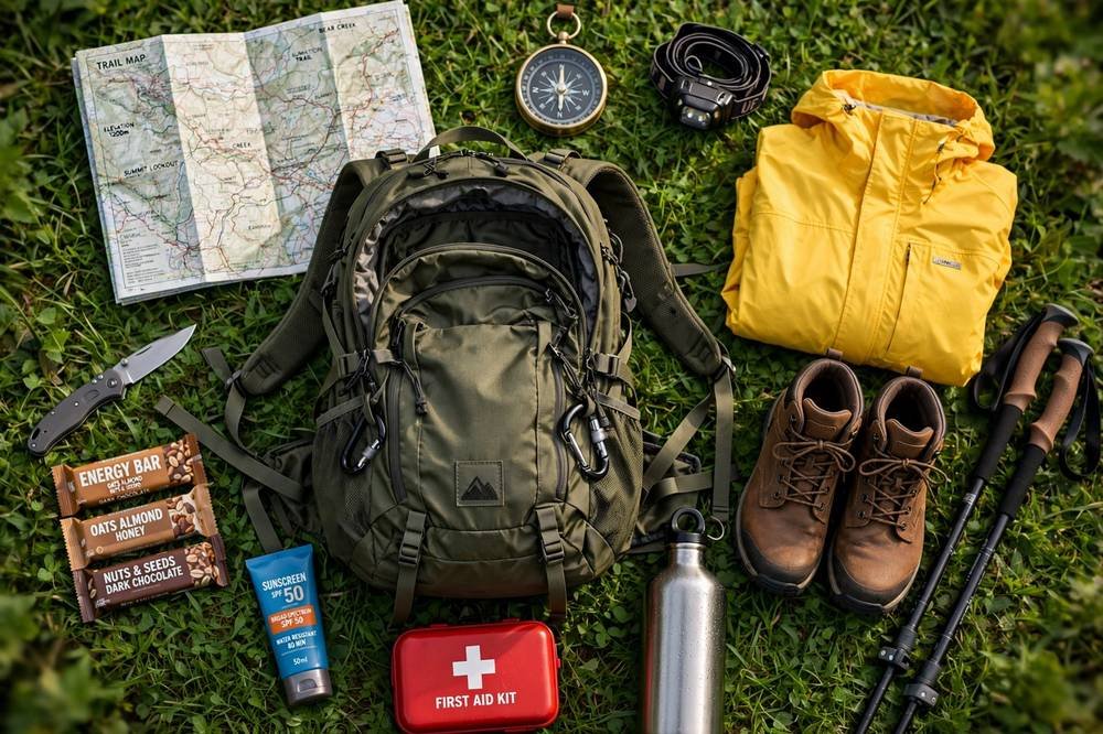 Day hiking essentials including a backpack, trail map, compass, rain jacket, hiking boots, trekking poles, water bottle, snacks, sunscreen, and first aid kit.